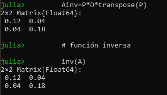 Resultado de la inversa con eigenvalores en Julia